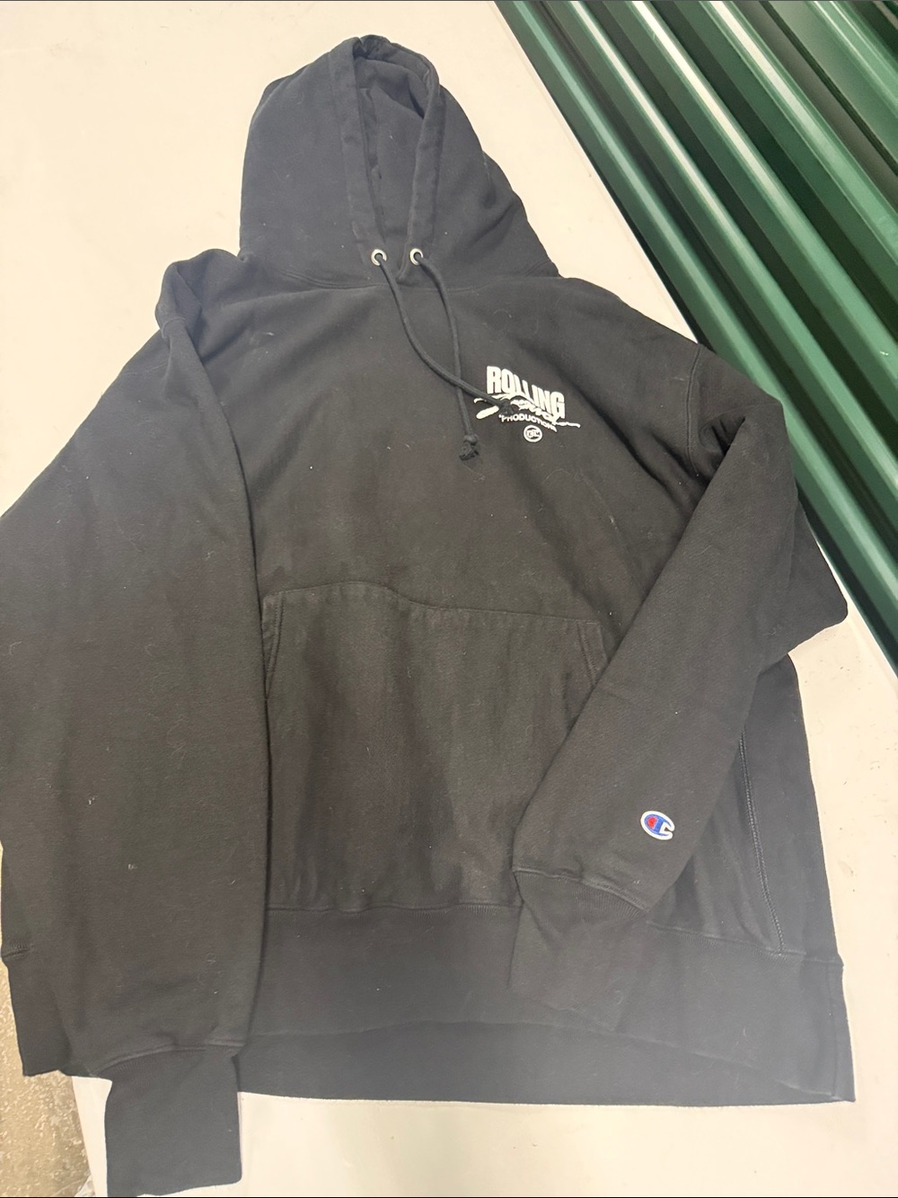 Champion Black Crewneck Hoodie with White 'Rolling' Graphic